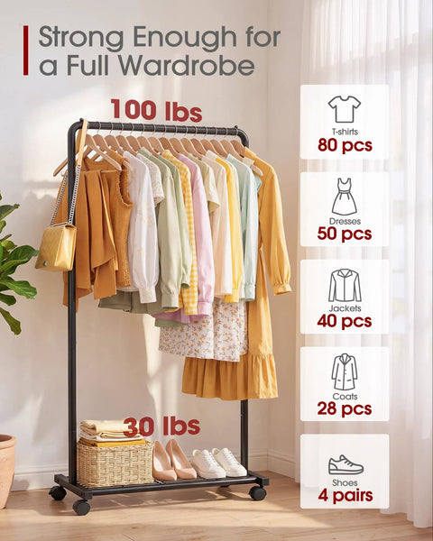 Heavy Duty Clothes Rack With Roll Free Mesh Shelf And Smooth Casters, 82 Pound Steel Clothing Organizer For Coats And Dresses, Tool Free Setup Wardrobe Stand Rock Solid For Every Walk In Closet Space