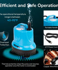 580 GPH Submersible Water Fountain Pump With 9 Ft Lift 60W, features overview with blue pump, handle, 6 ft power cord, copper motor.