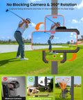 Golfer swinging with Magnetic Golf Cart Phone Holder Mount Holds Up To 6 Lbs Easy Clip Install, illustration of camera view.