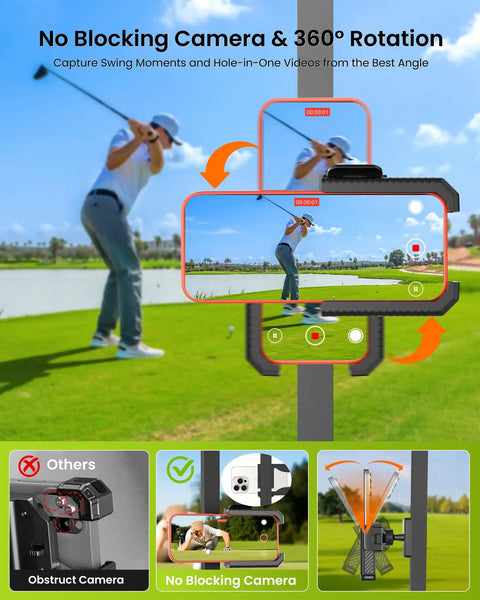 Golfer swinging with Magnetic Golf Cart Phone Holder Mount Holds Up To 6 Lbs Easy Clip Install, illustration of camera view.