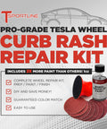 Tesla Model 3 Wheel Curb Rash And Scratch Repair Kit With Color Matched Touch Up Paint For Gray Warp Rims on a promotional display.