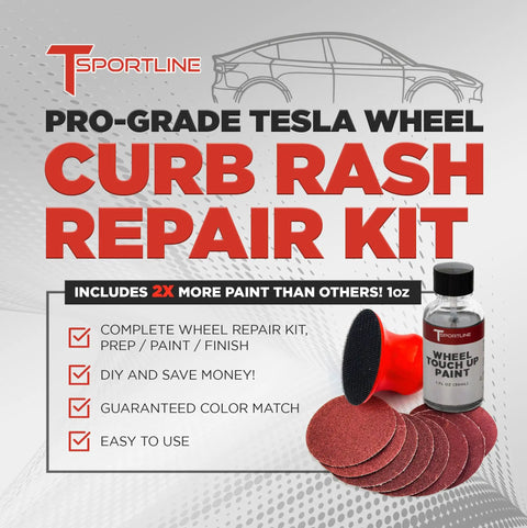 Tesla Model 3 Wheel Curb Rash And Scratch Repair Kit With Color Matched Touch Up Paint For Gray Warp Rims on a promotional display.