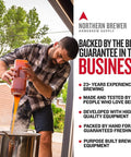Man pouring liquid into brewing pot, Northern Brewer signage, outdoors.