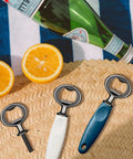 Ohiyoo metal bottle opener kit set of 3 with white, blue handles and stainless steel rings