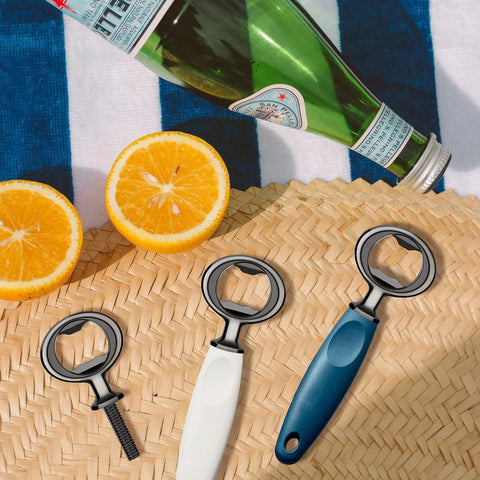 Ohiyoo metal bottle opener kit set of 3 with white, blue handles and stainless steel rings