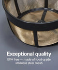 Permanent Gold Coffee Filter with stainless steel mesh for 8-12 cup basket coffee makers, highlighted for its quality and material.