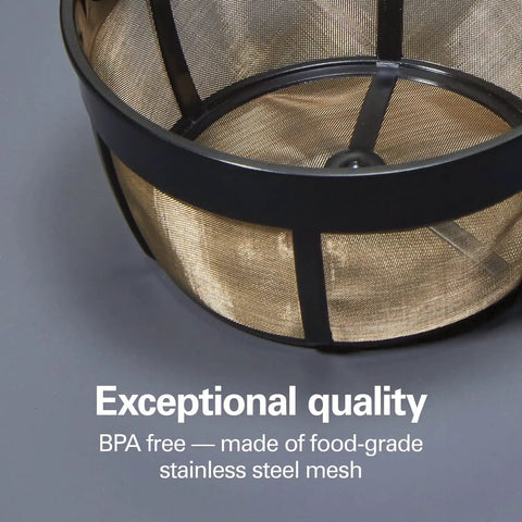 Permanent Gold Coffee Filter with stainless steel mesh for 8-12 cup basket coffee makers, highlighted for its quality and material.