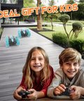 Children playing with Amphibious 4WD RC Car And Boat Hybrid With Waterproof Design Rad 360 Degree Spin Monster Truck Stunts outdoors.
