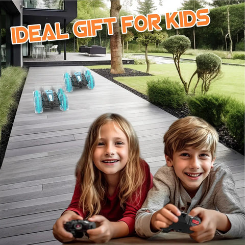 Children playing with Amphibious 4WD RC Car And Boat Hybrid With Waterproof Design Rad 360 Degree Spin Monster Truck Stunts outdoors.