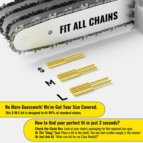 Close-up of 6 titanium-coated diamond bits for Handheld Electric Chainsaw Sharpener Kit With 6 Titanium Coated Diamond Bits For On The Bar Sharpening, No Chain Removal Needed, Quick Easy And No Fuss Chainsaw Sharpening Tool For All Chain Sizes.