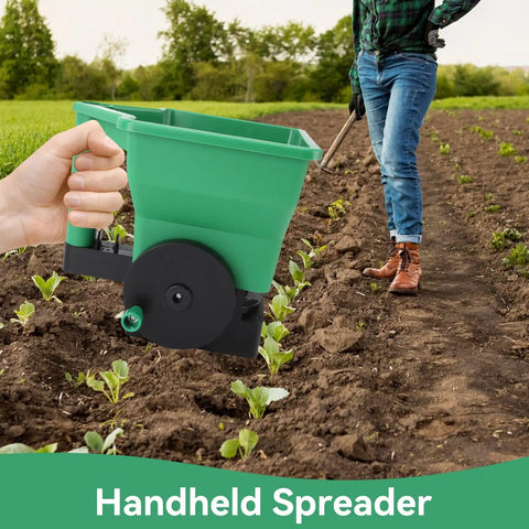Gardener using 3L Handheld Lawn And Garden Spreader For Easy Seeding And Fertilizing Lightweight Seed And Fertilizer Spreader Tool