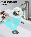 Brushed Nickel Pop Up Sink Stopper With Anti Clogging Strainer For 1.1 To 1.5 Inch Bathroom Drains shown in basin