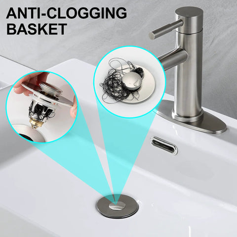 Brushed Nickel Pop Up Sink Stopper With Anti Clogging Strainer For 1.1 To 1.5 Inch Bathroom Drains shown in basin