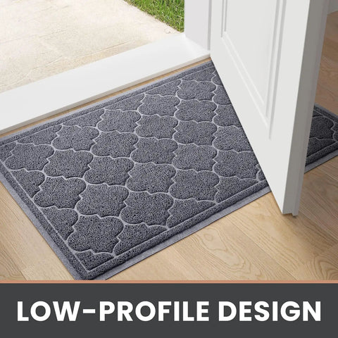 Non Slip Indoor Outdoor Door Mat 24x36 Inch, Low Profile Durable Front Door Welcome Mat, Grey, under an open door