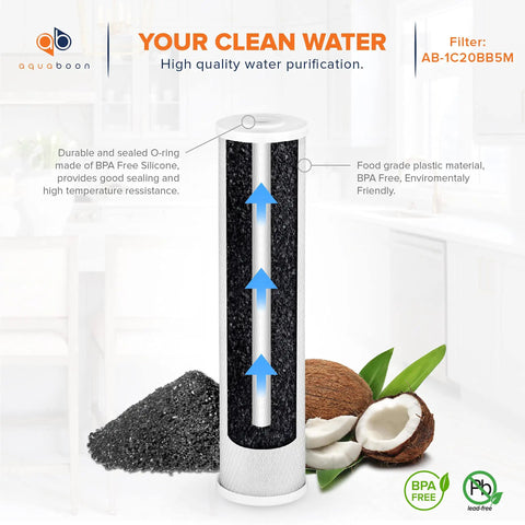Cross-section view of 5 Micron Sediment And CTO Carbon Block Whole House Water Filter Cartridge, BPA-free plastic, showing filtration layers.