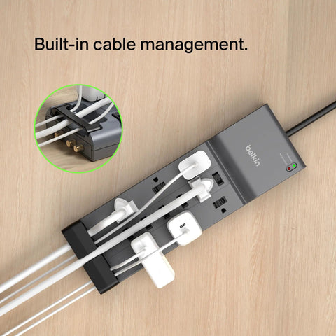 Beefy 12 Outlets Surge Protector Power Strip With 8 Foot Flat Plug For Home Office Travel Charging 3940 Joules Pack Of 3 on wooden surface