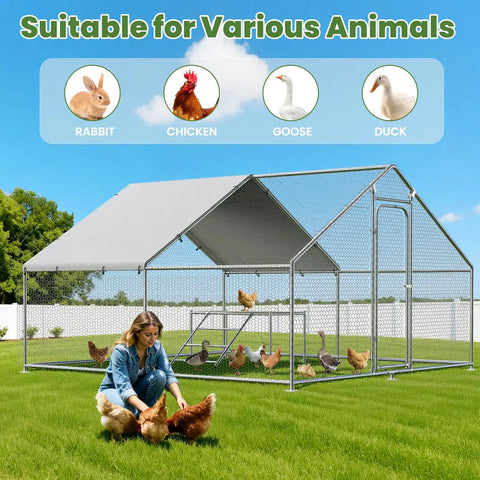 Large Metal Chicken Coop With Walk In Roosting Ladder, UV Resistant Cover, Waterproof Roof, Rust Resistant Heavy Duty Steel Frame