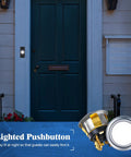 Two Pack Lighted Doorbell Button Replacement Kit and illuminated doorbell on wall by dark wooden door