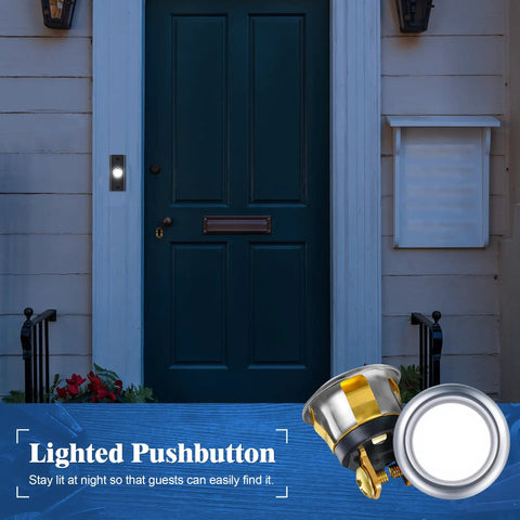 Two Pack Lighted Doorbell Button Replacement Kit and illuminated doorbell on wall by dark wooden door