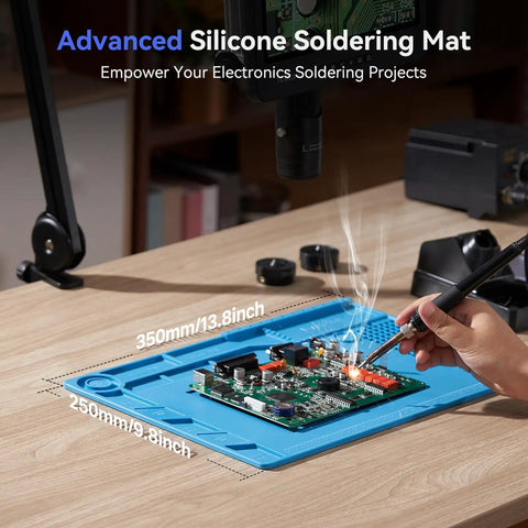 HDMI Soldering Microscope With Flexible Arm, 3 Lens Magnification, 360 Degree Base Rotation, 135 Degree Horizontal Extension, 180 Degree Vertical Movement, Foldable Design, Dope Lighting For Precise Electronics Work And Repairs used over PCB on 350mm x 250mm silicone mat