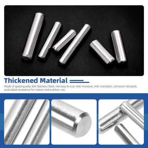 60 Piece Dowel Pin Set In 6mm 8mm And 10mm Sizes, Pro Grade Stainless Steel 304 Cylindrical Shelf Pegs For Cabinets And Furniture Installation, Includes M6 M8 And M10 Pins In 20 25 30 And 35mm Lengths, stainless steel pins on black background