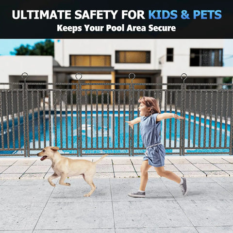 Removable Pool Fence 36Ft By 40In, 14 Panels and 2 Gates, installed around pool as safety barrier for pets, black-silver metal
