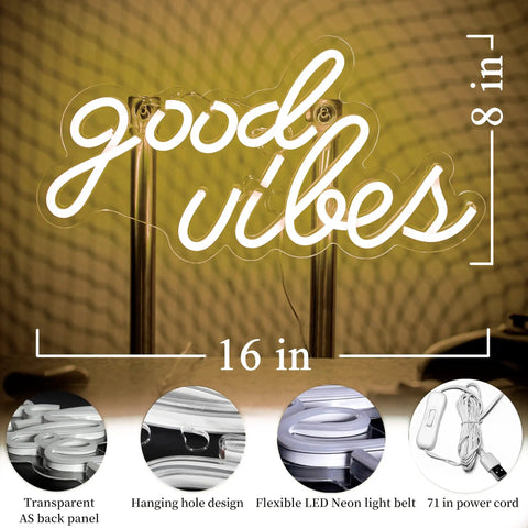 Good Vibes Neon Sign For Bedroom Decor, Warm White LED Neon Lights For Wall Decor, 16 By 8 Inch Accent Light on transparent panel