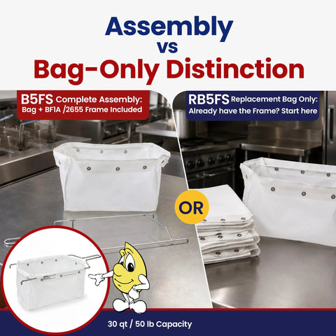 Keep Your Deep Fryer Oil Crisp And Clean With This Reusable Micron Filter Bag Made For Busy Restaurants And Casual Home Kitchens To Sweep Up Tiny Debris And Stretch Your Fry Oil Budget showing assembly vs bag-only distinction.