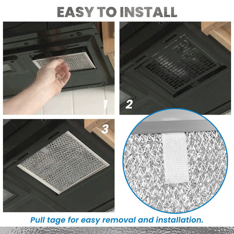 AP5306190 Aluminum Mesh Grease Filter installation for Samsung microwave hood range, showing easy pull tab in place.