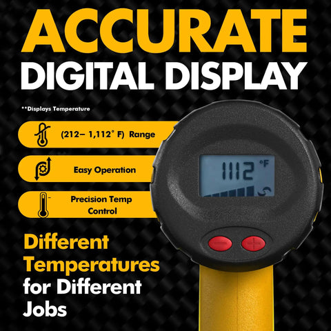 Close-up of LCD display on Heavy Duty 1800W Heat Gun Kit showing 1112°F, highlighting adjustable temperature range and controls.