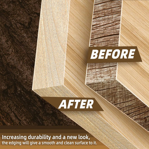 Pro Level Maple Edge Banding Roll showing before and after application on wood edges, highlighting improved finish and durability.