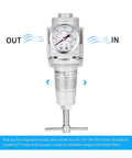 Half Inch NPT High Pressure Air Regulator With T Handle, 0-300 Psi Gauge shown with airflow and settings instructions
