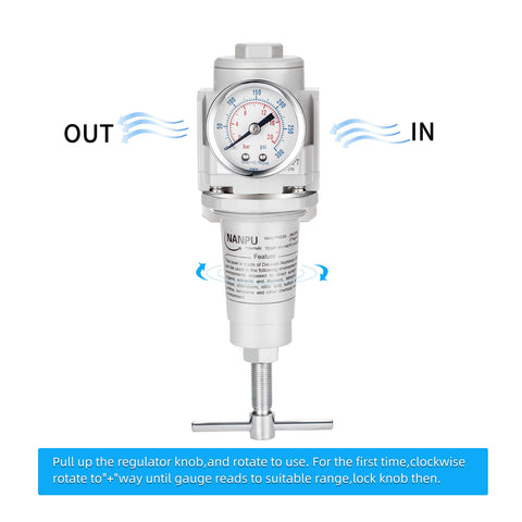 Half Inch NPT High Pressure Air Regulator With T Handle, 0-300 Psi Gauge shown with airflow and settings instructions