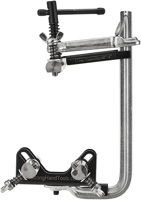 Side view of Strong Hand Tools CPL45 pipe fit-up clamp for 2-4 in pipes, mounted on a vertical stand