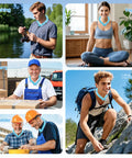 People wearing All Day Ice Neck Wrap For Summer Heat Relief during various activities like fishing, yoga, carrying boxes, and hiking.
