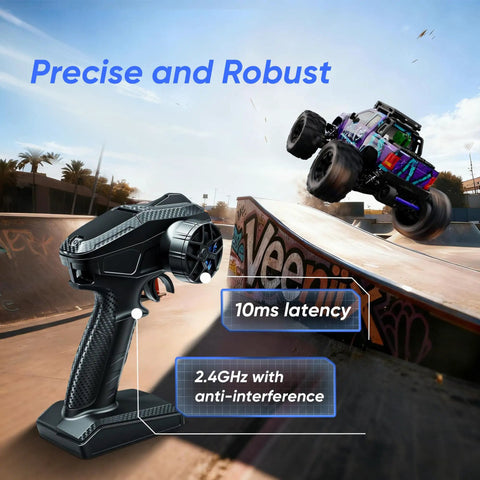 Beast Brushless RC Car For Adults With 50 MPH Top Speed Off Road 4WD Monster Truck performing jump on skate ramp with controller