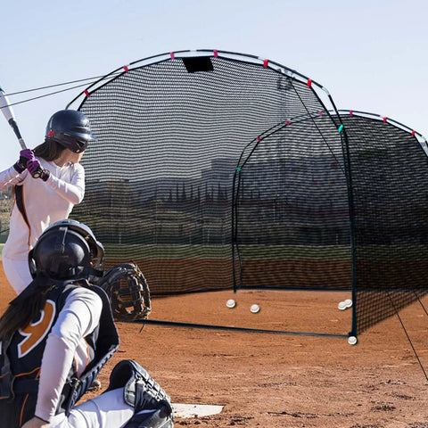 Two players practicing in front of a Backyard Baseball Batting Cage With Open Front Design Portable Hitting Net For Youth And Teens