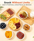 Assorted snacks including jerky, dried fruit, and nuts, showcasing the Heavy Duty Electric Food Dehydrator Featuring Ten Stainless Steel Trays And Ten Smart Presets For Slapping Together Homemade Beef Jerky Crispy Fruit Chips And Seasoned Herbs Without Any Fuss.