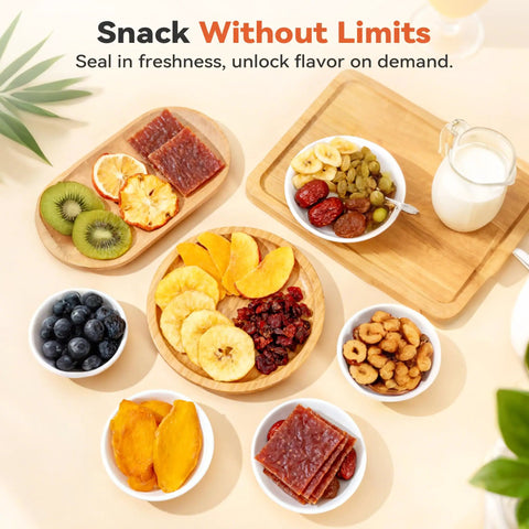 Assorted snacks including jerky, dried fruit, and nuts, showcasing the Heavy Duty Electric Food Dehydrator Featuring Ten Stainless Steel Trays And Ten Smart Presets For Slapping Together Homemade Beef Jerky Crispy Fruit Chips And Seasoned Herbs Without Any Fuss.