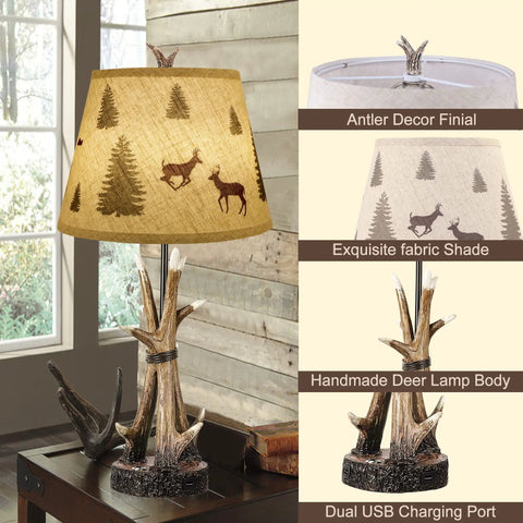 Deer Antler Table Lamps Set Of 2 3 Way Dimmable Touch Bedside Lamps with fabric shade and USB ports in rustic cabin style