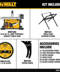 Built Like A Tank Portable Table Saw Equipped With Sturdy Rolling Cart And Premium Steel Blade Delivering Lightning Fast Cuts And Ample Material Clearance For Hard Working Tradesmen, includes 8.25 inch saw, scissor stand, and accessories.