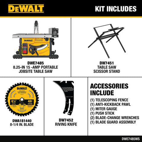 Built Like A Tank Portable Table Saw Equipped With Sturdy Rolling Cart And Premium Steel Blade Delivering Lightning Fast Cuts And Ample Material Clearance For Hard Working Tradesmen, includes 8.25 inch saw, scissor stand, and accessories.