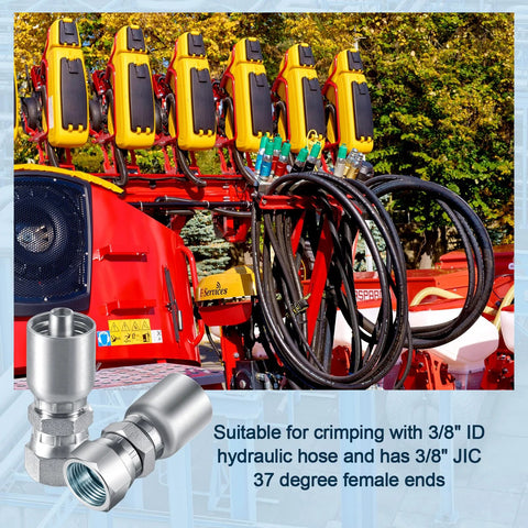 Front view of 12-piece 3/8-inch hydraulic hose fittings with 3/8-inch JIC 37° female swivel ends and coiled hoses