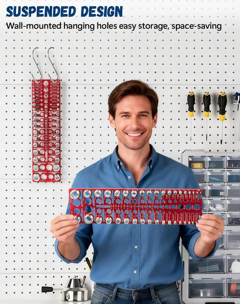 57 Nut and Bolt Thread Checker gauge set, red metal with standard and metric bolt and nut gauges, held by man