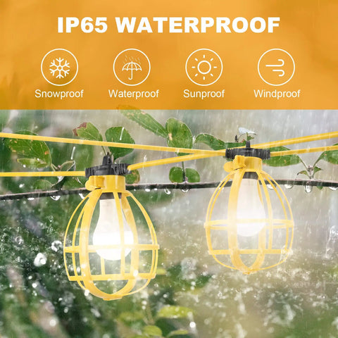 Pro Grade Construction String Lights 50 Ft Outdoor Work Lights 50W With 5 E26 Bases IP65 Waterproof in rain with leaves