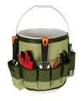 5 Gal Garden Tool Bucket Caddy With Nine Deep Pockets And Pencil Slots Durable Canvas Organizer containing garden tools on a bucket