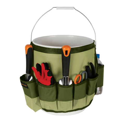 5 Gal Garden Tool Bucket Caddy With Nine Deep Pockets And Pencil Slots Durable Canvas Organizer containing garden tools on a bucket