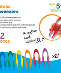 Jumbo Tweezers For Fine Motor Play, Sensory Bin Tools And Montessori Grabber set of 12 in 6 colors with ergonomic grooves.