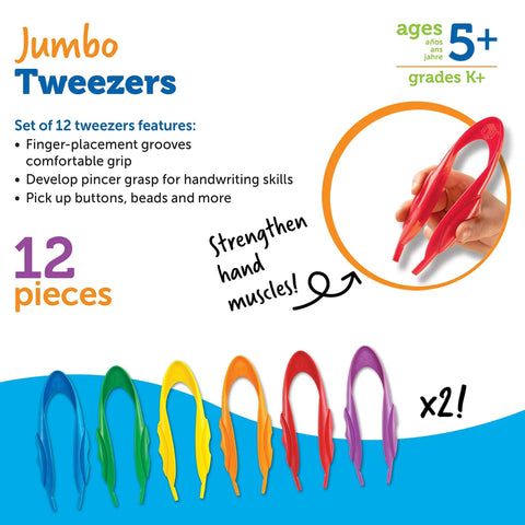 Jumbo Tweezers For Fine Motor Play, Sensory Bin Tools And Montessori Grabber set of 12 in 6 colors with ergonomic grooves.