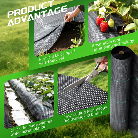 Heavy Duty Weed Barrier Fabric 4 Ft By 300 Ft Ground Cover For Garden And Lawn, showing installation and cutting advantages